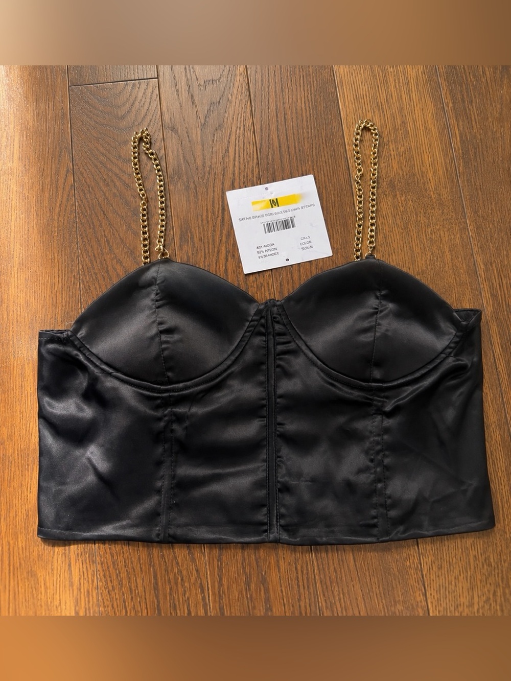 Love X Design Black Satin Bustier Crop Top with Gold Chain Straps Sz M NWT